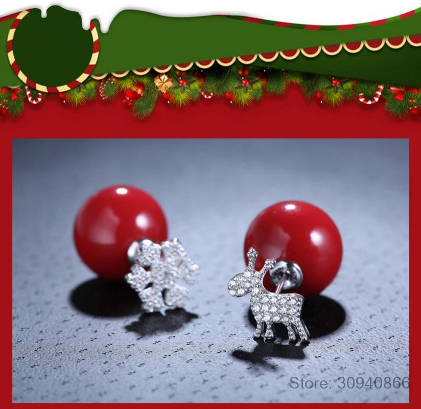 925 пробы серебро рождественские украшения микро CZ Лось Олень Снежинка красный Серьги с жемчугом для Для женщин девочек S-E486