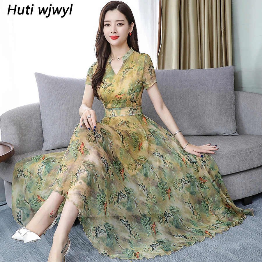 Skup 2019 zielony z kwiatowym wzorem z szyfonu Bodycon plaża Midi sukienka lato w stylu Vintage 3XL Plus rozmiar wydruku letnia sukienka w stylu boho Eleggant kobiety Party Vestido