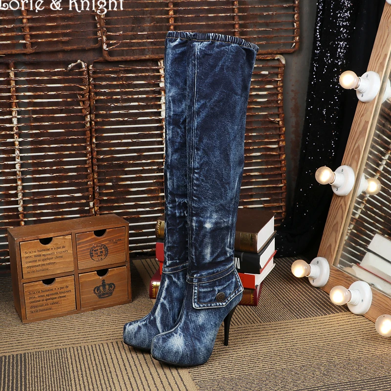 

Women's Sexy Stiletto High Heel Blue Denim Over the Knee Spring & Autumn Boots