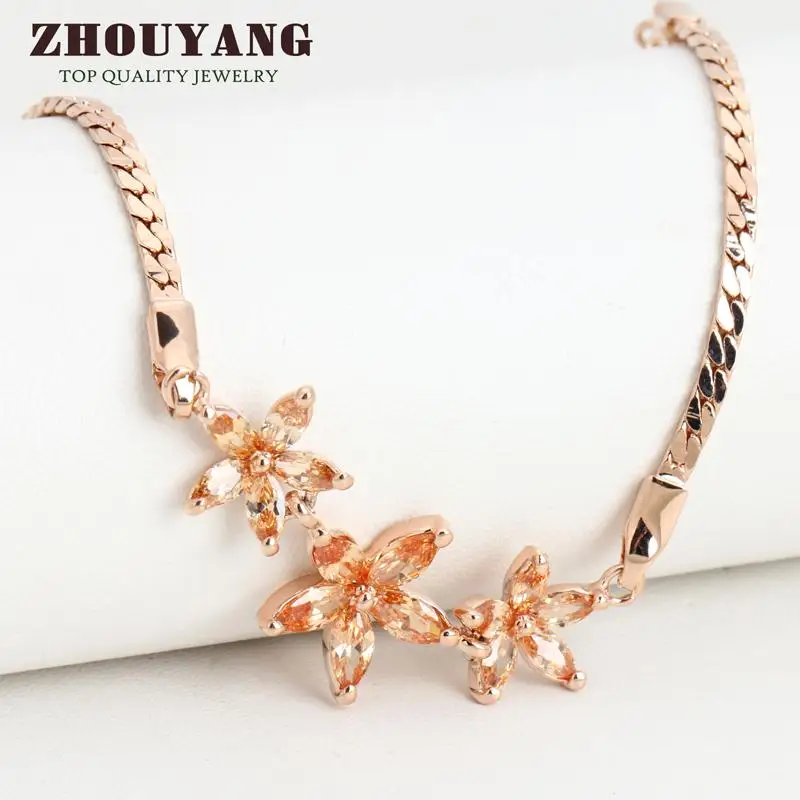 ZHOUYANG Top Quality ZYH020 Three Golden Flowers Rose Gold Plated font b Bracelet b font Austrian