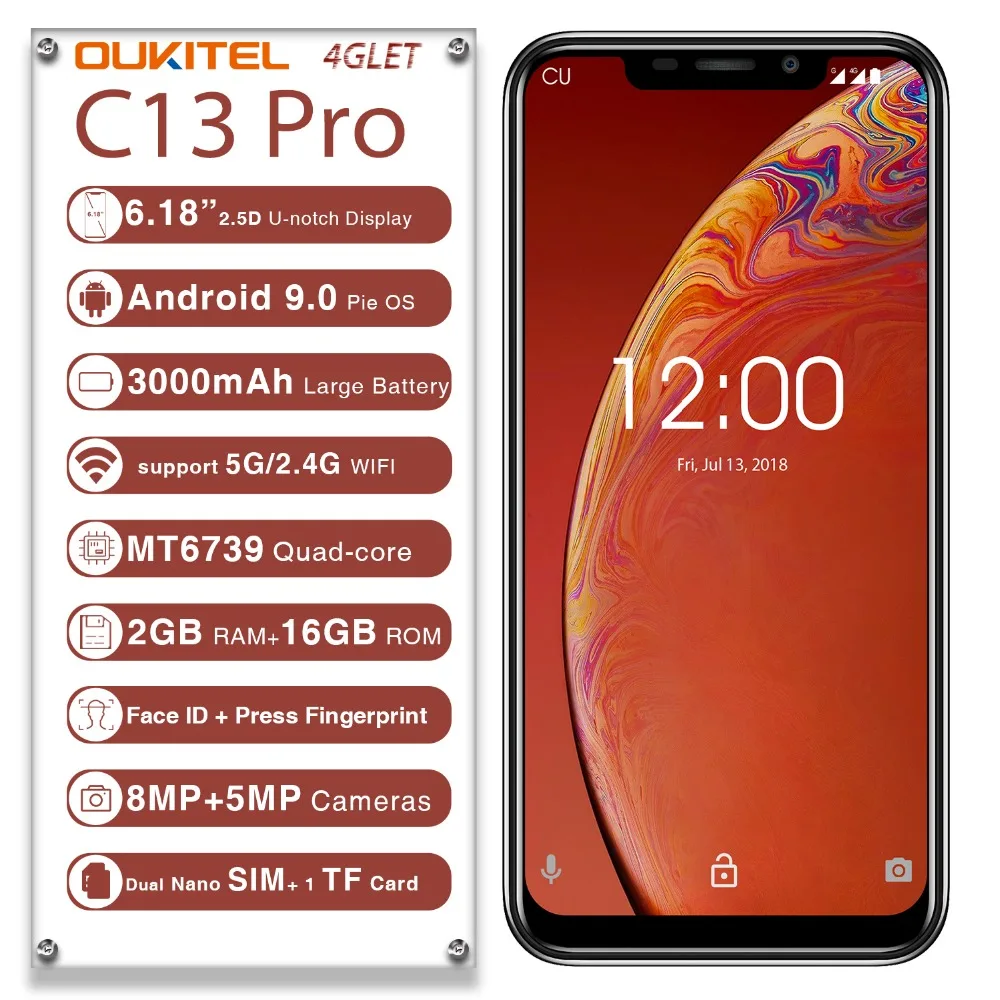 Мобильный телефон OUKITEL C13 Pro, 5G/2,4G, wifi, 6,18 дюйма, 19:9, 2 ГБ, 16 ГБ, Android 9,0, MT6739, четыре ядра, 4G, LTE, смартфон, распознавание лица, отпечаток пальца