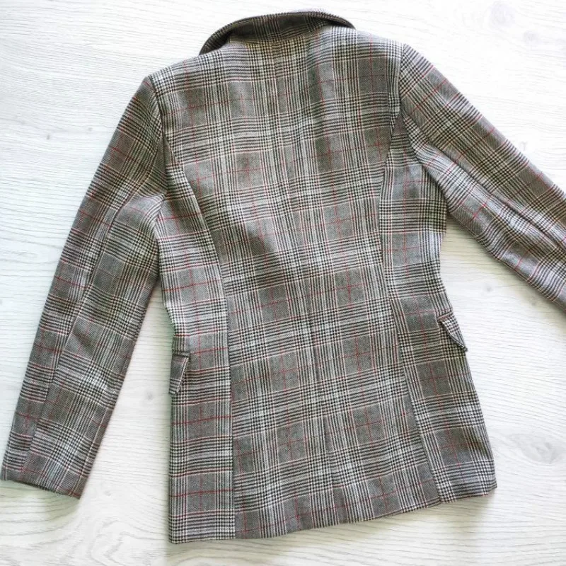 astounding  Plaid Women Vintage Bouble Breasted Spring Pockets Jackets Female Retro Suits Coat Work Feminino Ou