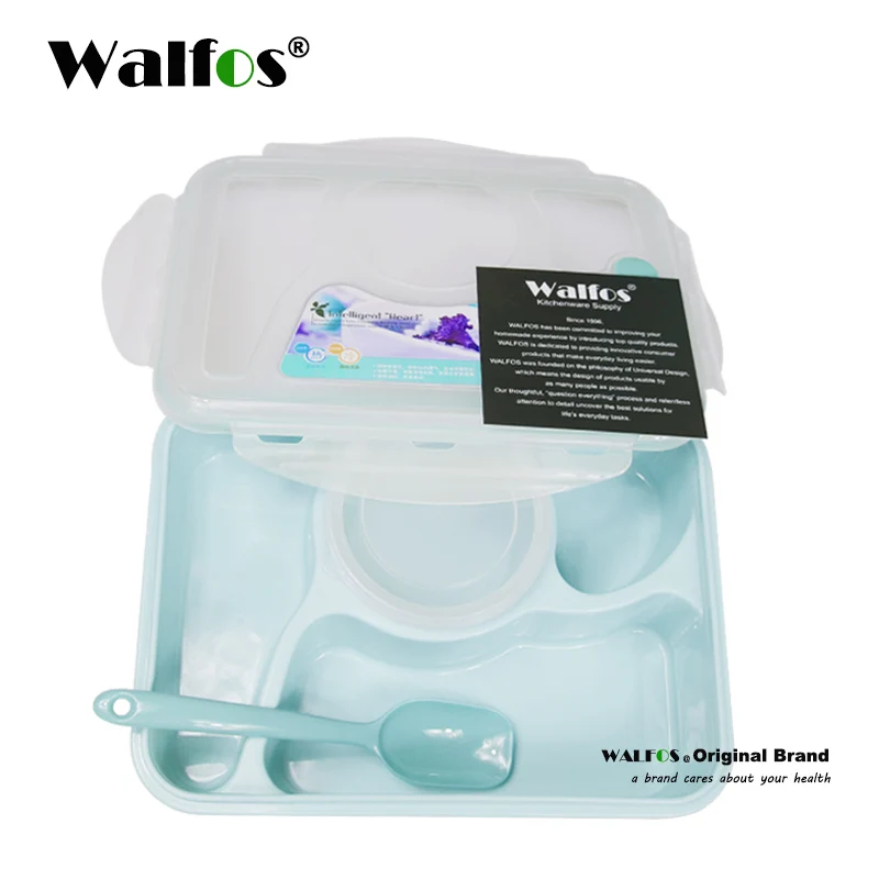 Бренд WALFOS 5 plus 1 герметичный контейнер для обеда с ложкой bento box для детей, школы, офиса, простой свежий стиль - Цвет: blue 4 compartmen