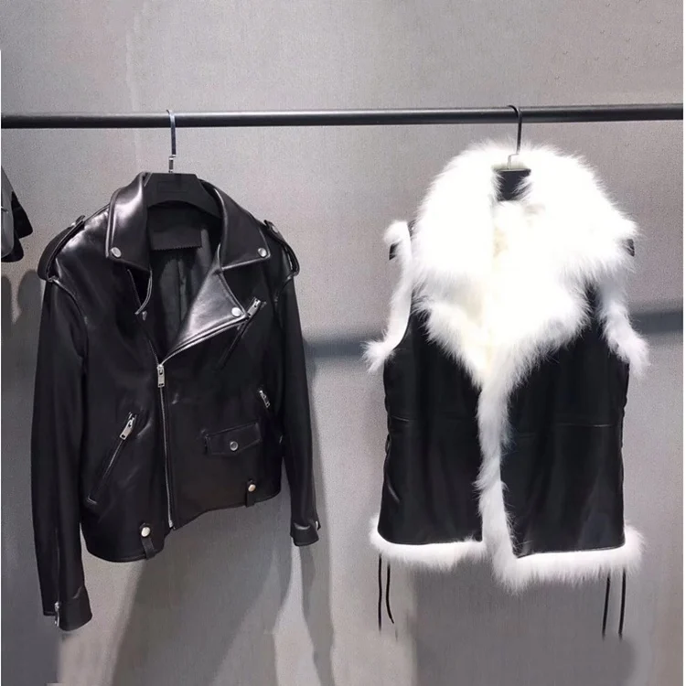 

genuine sheepskin leather jacket with fox fur lining vest inside two parts women black coats turn collar feminina women's cloth