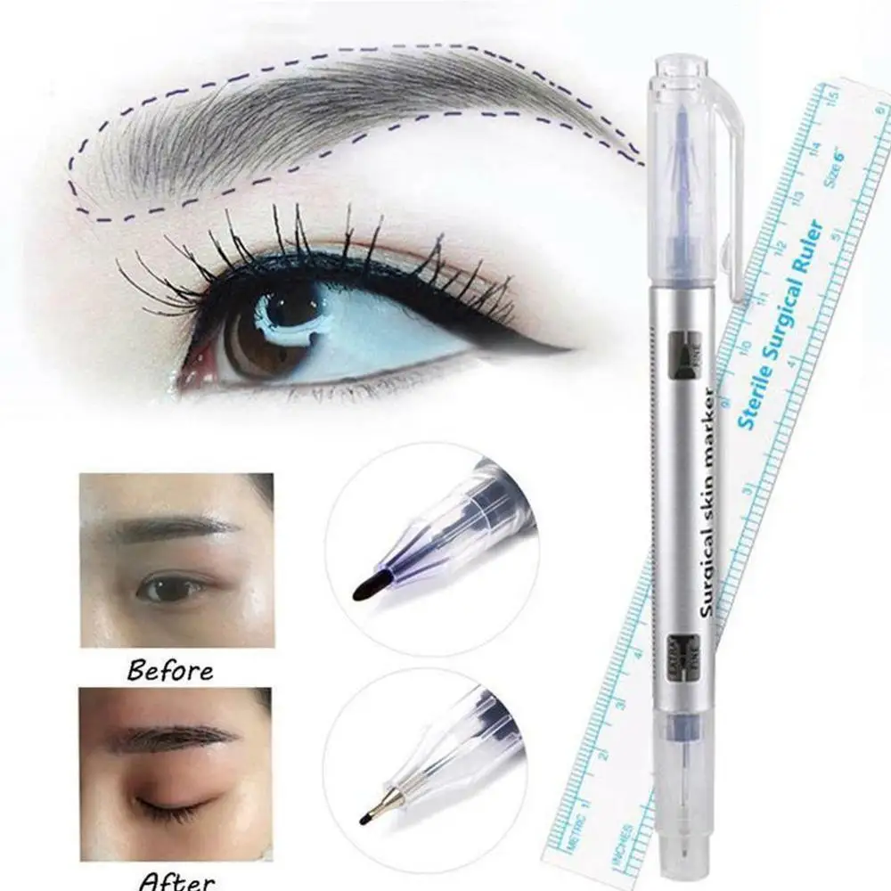 

1Pcs Surgical Skin Marker Eyebrow Marker Pen Tattoo Skin Marker Pen With Measuring Ruler Microblading Positioning Tool