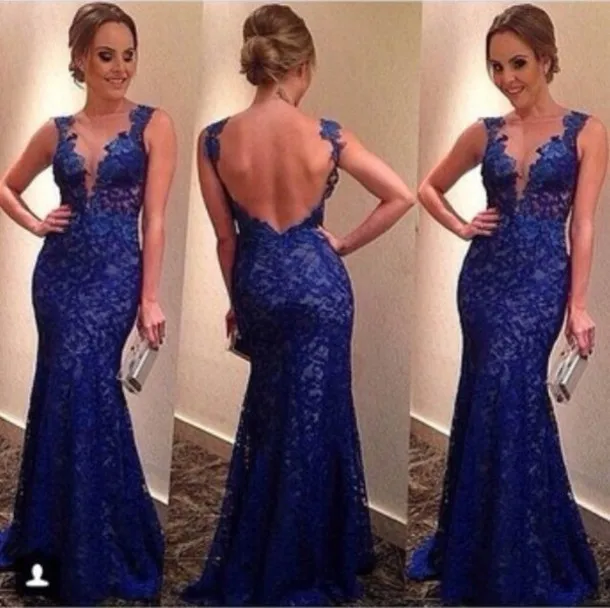 

2014 Elegant Evening Dress O Neck Lace Backless Mermaid Royal Blue Prom Dresses