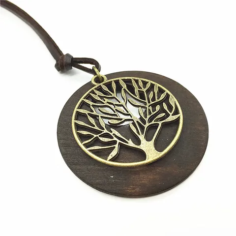 Casual Fashion Handmade Collar Round Wood Retro Vintage Alloy Hollow Tree Soft Leather Pendants Necklace Women Men Jewelry