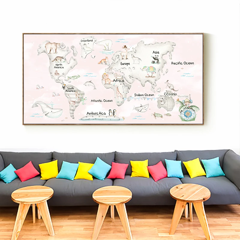 

FGHGF Nordic Minimalist Style Kawaii Cute Animal World Map Canvas Painting Print Poster Picture Art Wall Home Decoratio