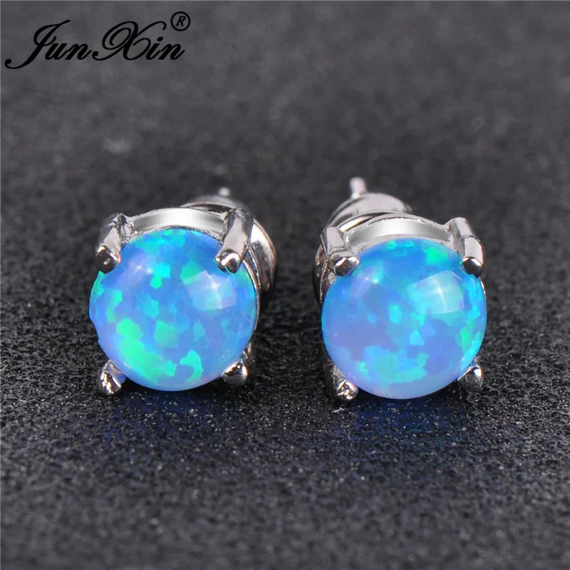 JUNXIN Cute Pink/Purple/Blue Fire Opal Stud Earrings For Women Silver Color Rainbow Birthstone Round Earrings Gift