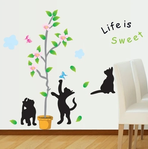 black cat wall stickers animals flower wallpaper plants vinyls removal decor  home decoration window decals