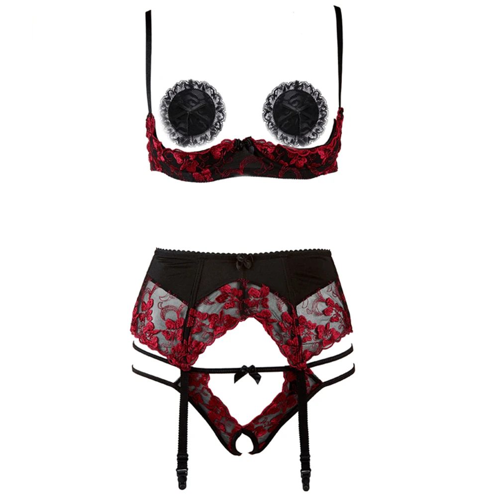 

Ultrathin 1/4 Cupless Bra Panty Garter Underwear Set Sexy Lingerie Embroidery Lace Embroidery Open Chest Crotchless Thong