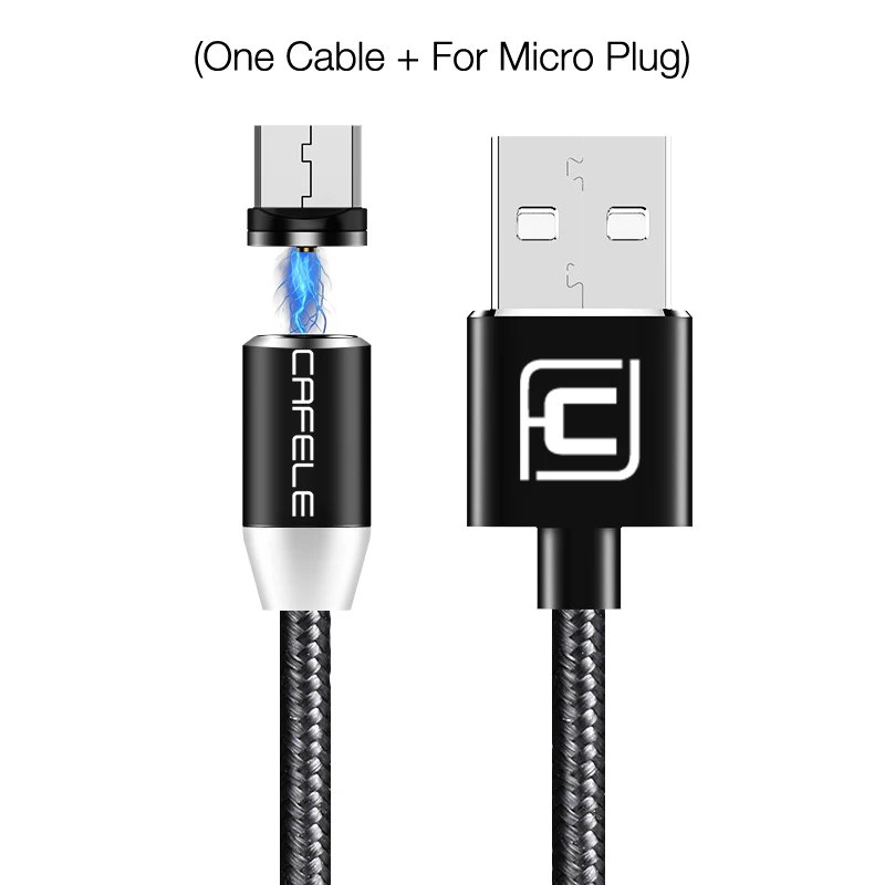Cafele Магнитный USB кабель Micro USB зарядное устройство светодиодный кабель нейлоновая оплетка для Xiaomi huawei мобильный телефон зарядный провод с светодиодный светильник - Цвет: Black