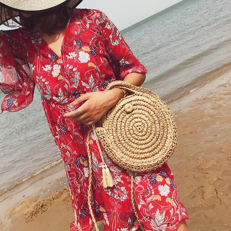 

Handmade Round Straw Bags Rattan Woven Lady's Handbag Straw Knit Summer Beach Bag Woman Shoulder Messenger Bag Khaki Beige Tote