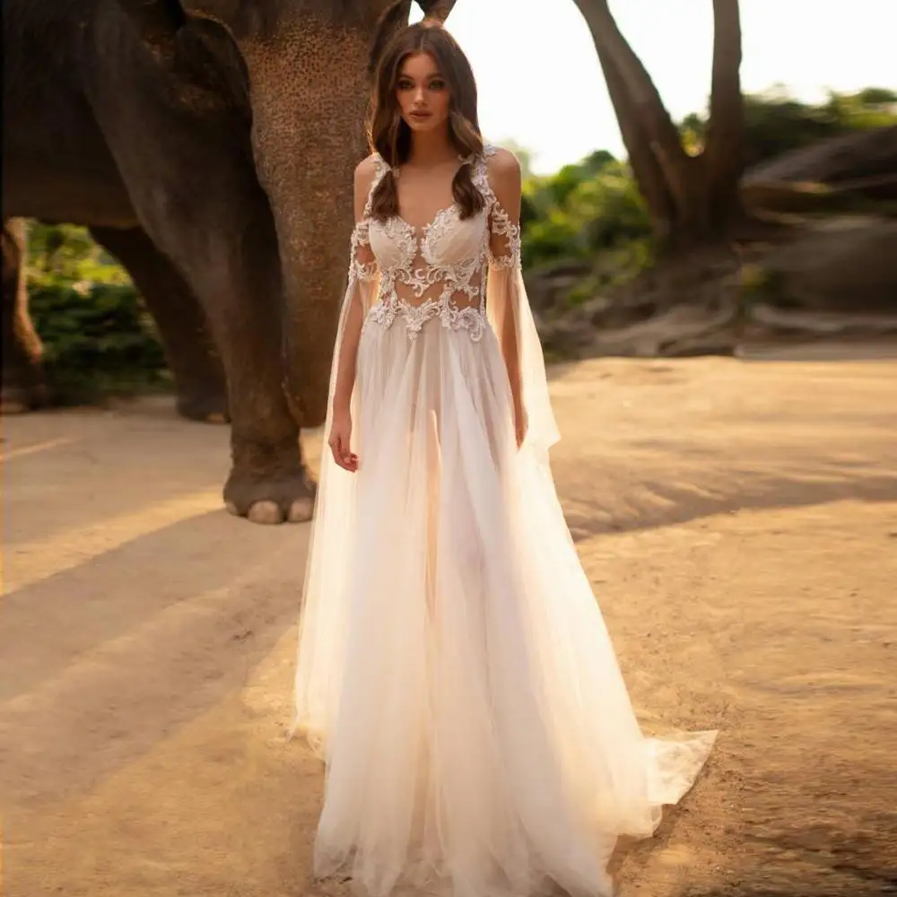 

Bohemian Beach 2020 Sexy Wedding Gowns Sheer Jewel Neck Lace Appliqued Boho Bride Dress See Through Prom Gowns Vestido de noiva