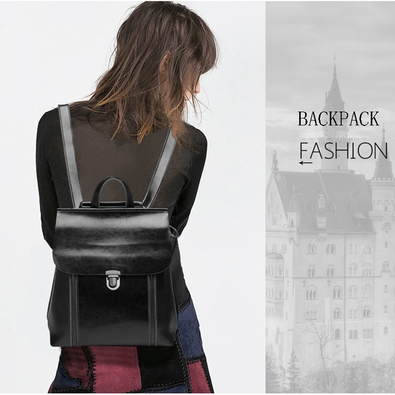 

Preppy New Style Student Genuine Leather Backpack Travel Large Capacity Cover Brief Solid Color Double Shoulder Bag Friend Gifts