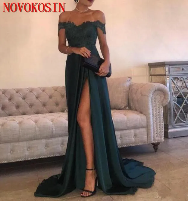 

Off Shoulder Evening Dresses with Lace Appliques 2019 Summer Front High Split Satin Long Prom Dress robe de soiree