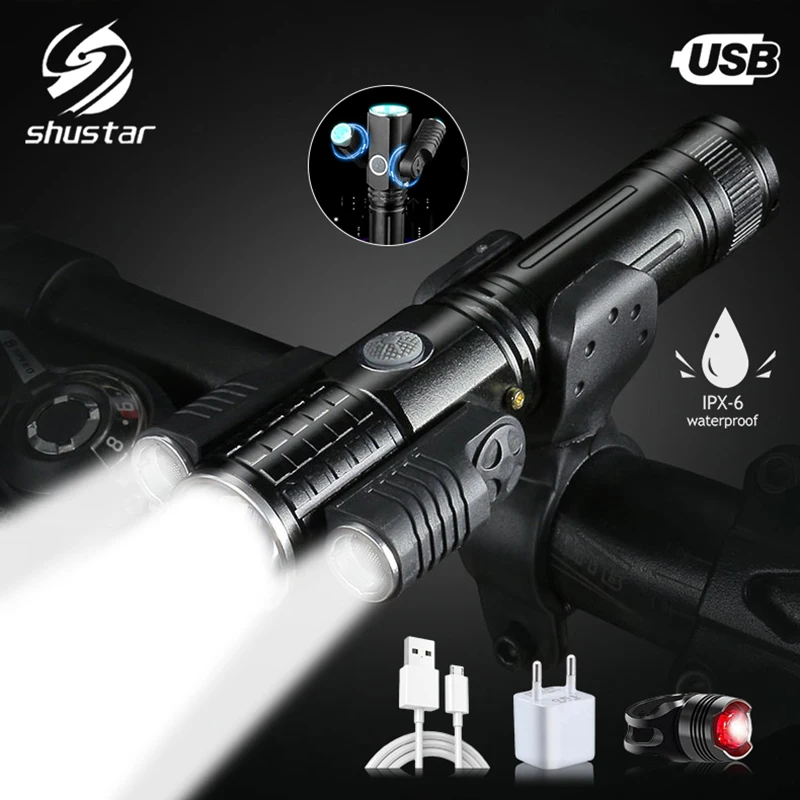 

Bicycle light T6LED aluminum alloy three lights waterproof rotating zoom flashlight outdoor lighting night riding USB charging
