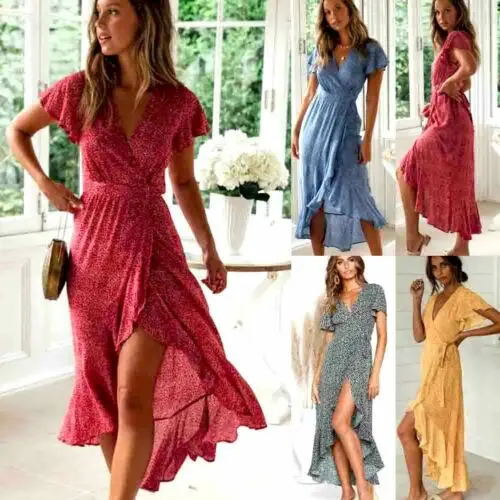 

Women Summer Boho Long Maxi Dress Sexy V-Neck Party Beach Dresses Sundress Split Asymmetrical Maxi Dress