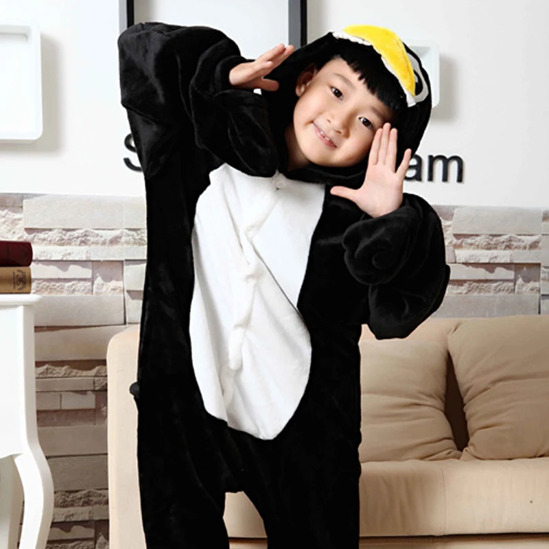 Lovable Black Penguin Kigurumi Children Onesies Cartoon Flannel Pajamas Baby One piece Sleepwear Cosplay For Halloween Jumpsuit (5)