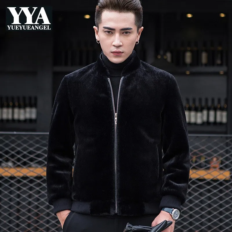 

New Winter Stand Collar Faux Fur Leather Jacket Mens Autumn Thicken Warm Fur Coat Men Slim Fit Wool Clothes Zipper Black Fashion