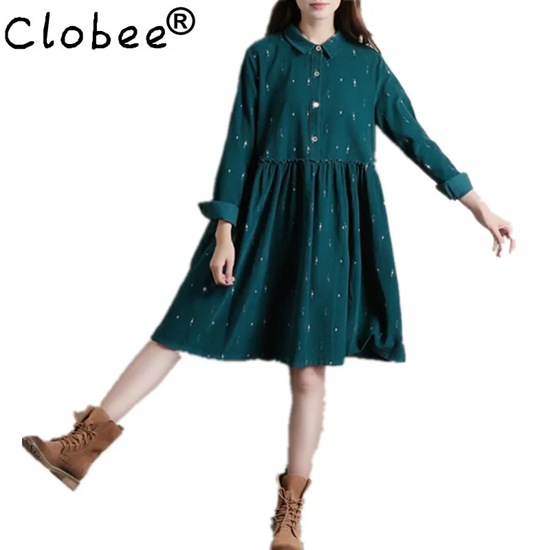 Зимние платья Clobee зеленого цвета свободные с длинным рукавом размера плюс