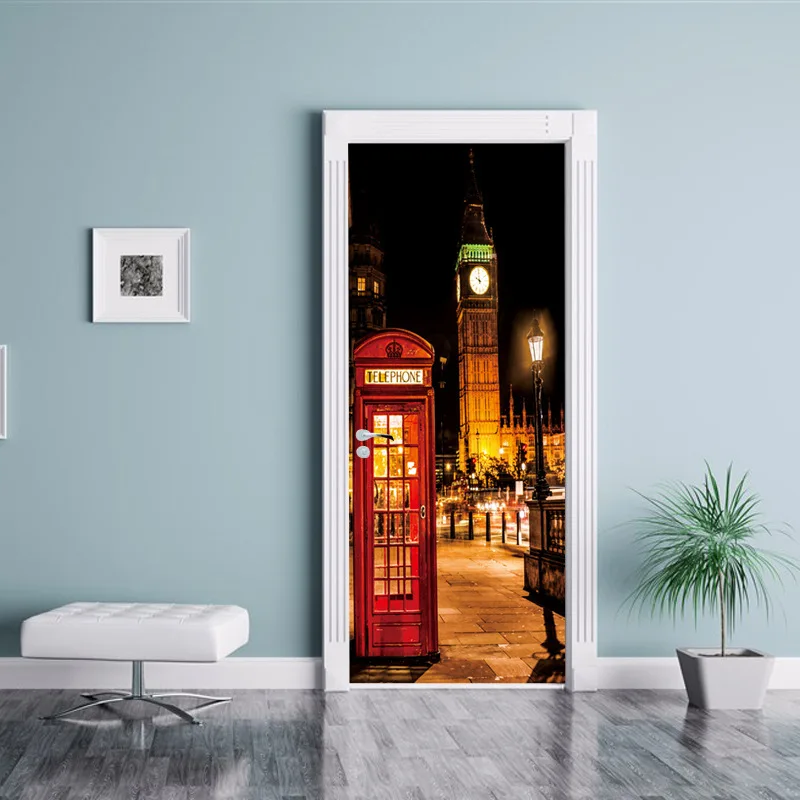 Черный белый старый фото ПВХ Съемный 3D город винтажный живописный стикер для холодильника стены двери стикер s Уличная лампа большие часы шаблон