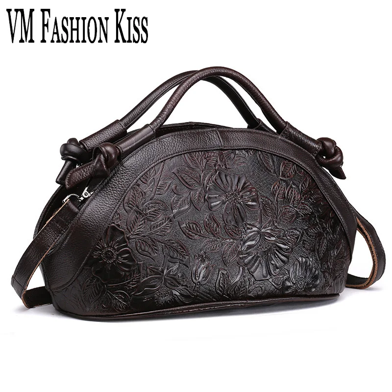 

VM FASHION KISS Women Large Totes Retro Genuine Leather Embossed High Quality Oil Wax Leather Messenger Bag Crossbody Female Bag