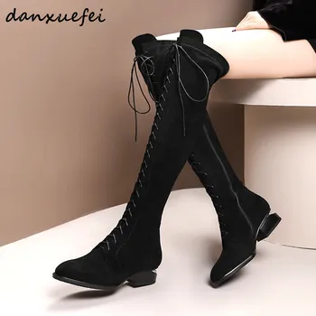 

Plus size 42 women's genuine suede leather lace-up over the knee thigh high boots brand designer flats winter high botos shoes