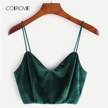 COLROVIE Zip Back Velvet Cami Top 2018 Summer V Neck Zipper Party Women Tank Top Clothing New Green Spaghetti Strap Crop Top
