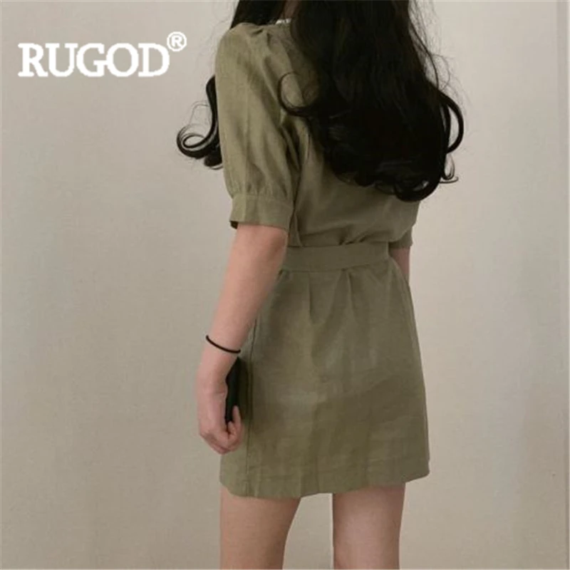 Женское винтажное платье RUGOD однотонное двубортное мини с рукавами фонариками и