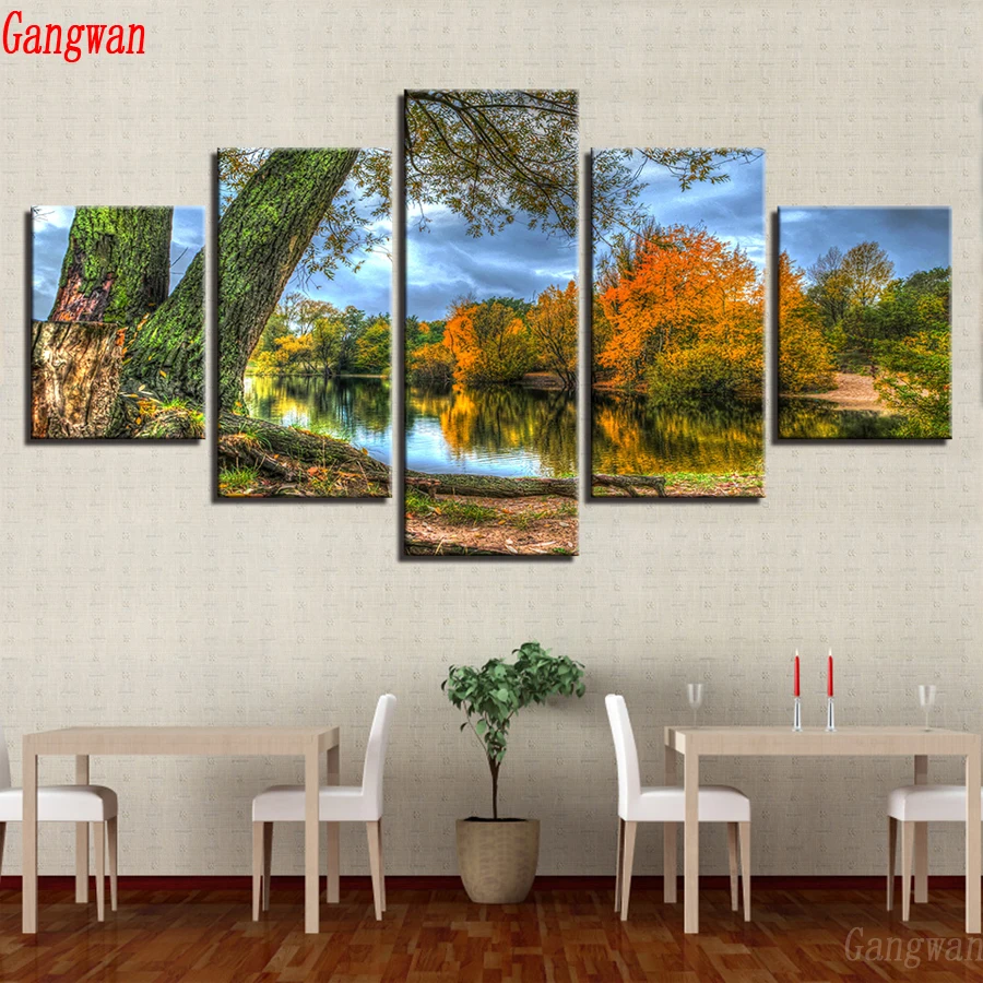 Full Square Round Diamond Embroidery Tree Lake Forest Landscape 3D picture diamond painting Cross Stitch mosaic 5 pcs decoration | Дом и сад