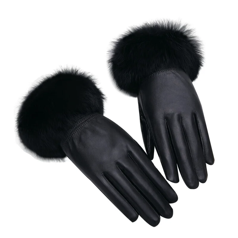

2019 Winter Rabbit Fur Genuine Leather Gloves Women Feminino Real Sheepskin Finger Black/Brown Motorcycl Mittens Guantes Mujer