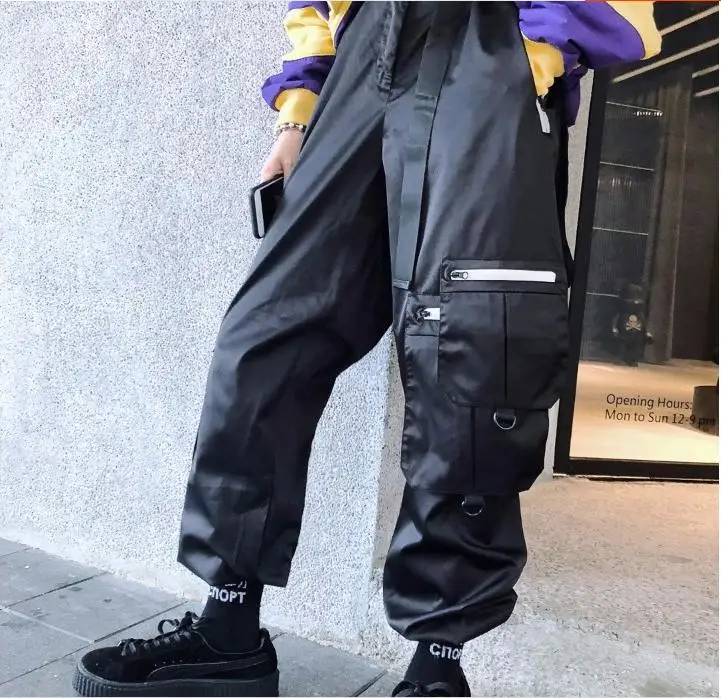 Hip hop Chao Bolsillos Apriete Guo Negro gris De Cintura Múltiples Hebilla Empalme Casuales Pantalones 5f4dwq