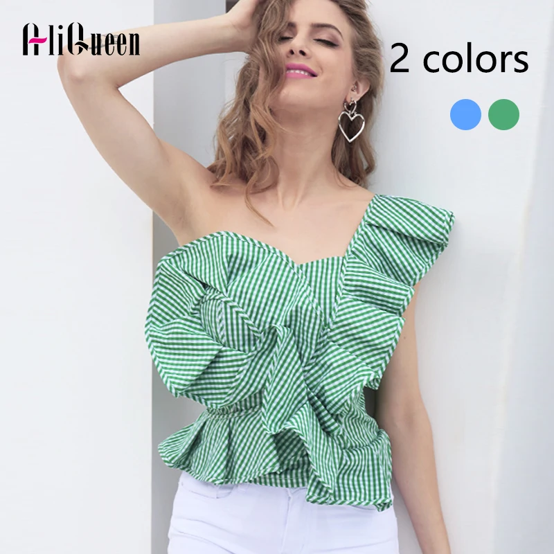 

2019 New Women Temperament Ruffles Irregular Top Sexy One Shoulder Slash Neck Stripe Shirt Ladies Tops Shirts Summer Blue Blouse
