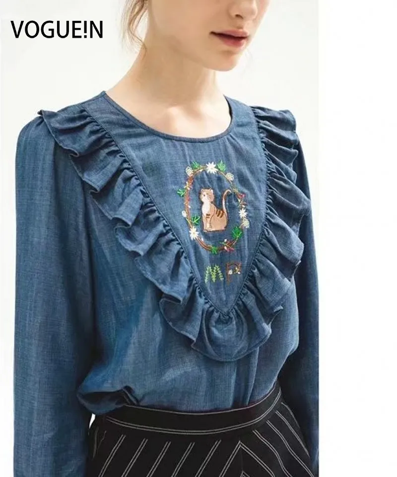 vogue n womens sleeve floral cat embroidered ruffled denim blouse tops shirt size sml vogue n womens sleeve floral cat embroidered ruffled denim blouse tops shirt size sml