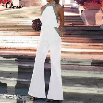

Plus Size Women Long Jumpsuits Celmia 2020 Summer Sexy Halter Backless Sequin Rompers Casual Playsuit Ladies High Waist Overalls