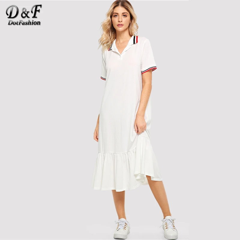 

Dotfashion Contrast Striped Ruffle Hem White Dress Girls Collar Short Sleeve Drop Waist 2019 Summer Female Weekend Casual Dress