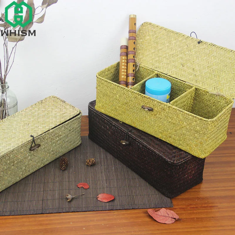 WHISM 3 Compartment Storage Box Wicker Rattan Basket With Cover Sundries Holder Case Container Jewelry Makeup Desktop Organizer