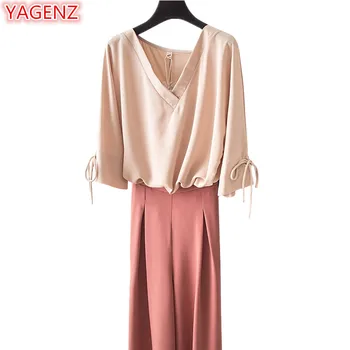 

YAGENZ Plus size Clothes Summer Set Women Clothes 2 Pieces Set Five points sleeve V collar Pullovers Tops and Wide leg pants 457