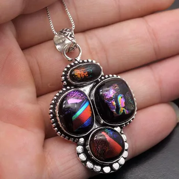 

925 Sterling Silver Color Vintage Natural Multi Gems Dichroic Glass Antique Pendant Necklace Jewelry 2 1/2 INCH H62