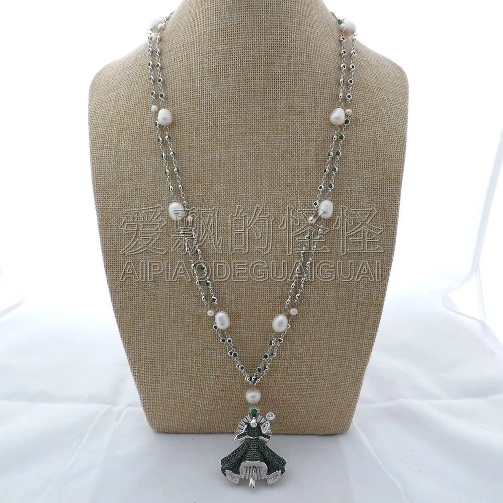 

25" 2 Strands White Pearl Chain Necklace Green CZ Pendant