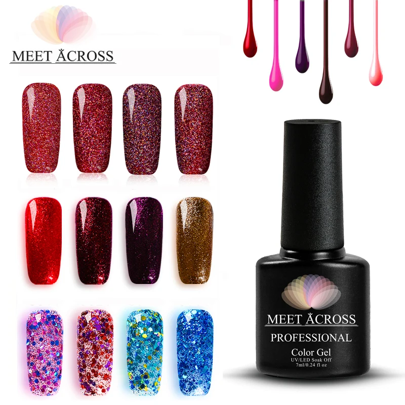 MEET ACROSS 7ML Sparkling Glitter Nail Gel Polish 38 Colors Shimmer UV
