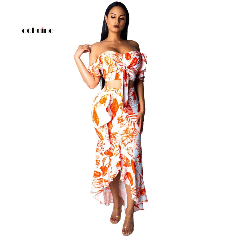 

Echoine Fashion Women Two Piece Set Leaf Print Sexy Slash Neck Bandage Bow Ruffle Hemline Slim Long Skirts Charming Suits Outfit