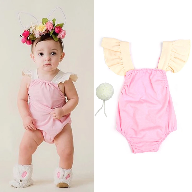 

1pc Baby Clothes Infant Girl Bodysuit Solid Color 3 Choice Sleeveless Summer Flying Sleeve Cute Plush Ball Tail Jumpsuit Onesie