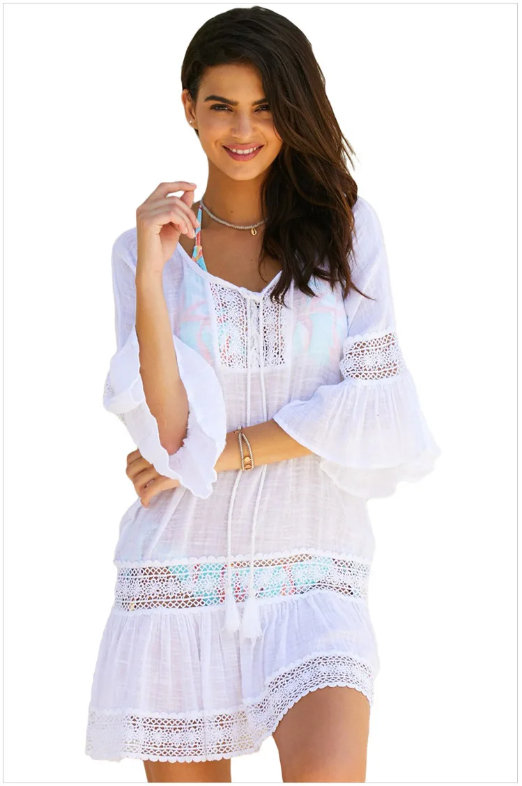 Scsech 2018 Summer Women Beach White Dress Half Sleeve V Neck Lace Hollow Out Solid Beach Dress Women Dresses Sundress D8B11  (1)