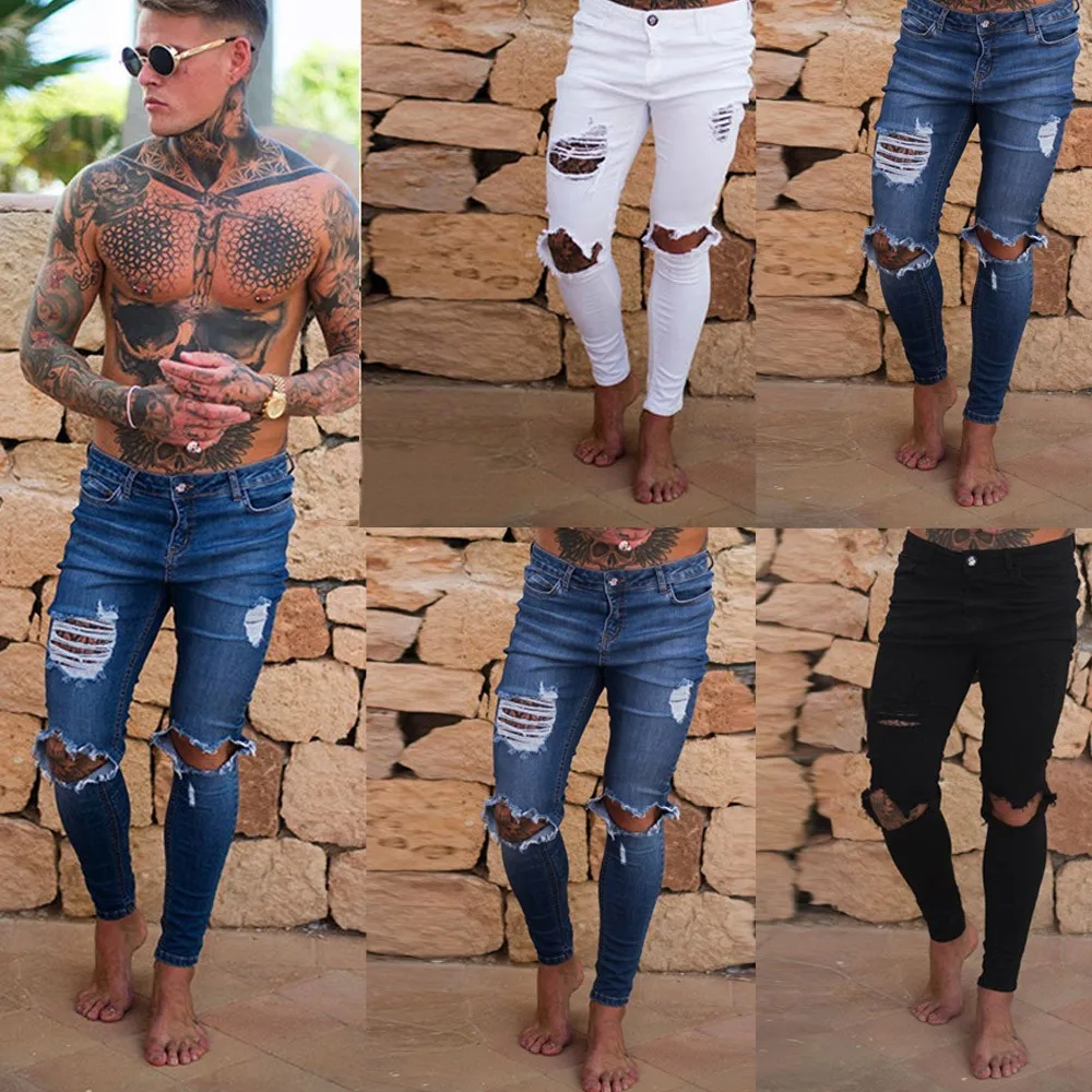 Новые джинсы мужские модные обтягивающие штаны-карандаш стрейч из денима потертые рваные байкерские облегающие джинсы брюки размер S-2XL