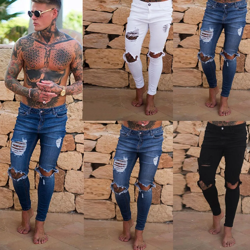 

New Jean Men Fashion Skinny Stretch Denim Pencil Pants Distressed Ripped Freyed Biker Slim Fit Jeans Trouser Size S-2XL