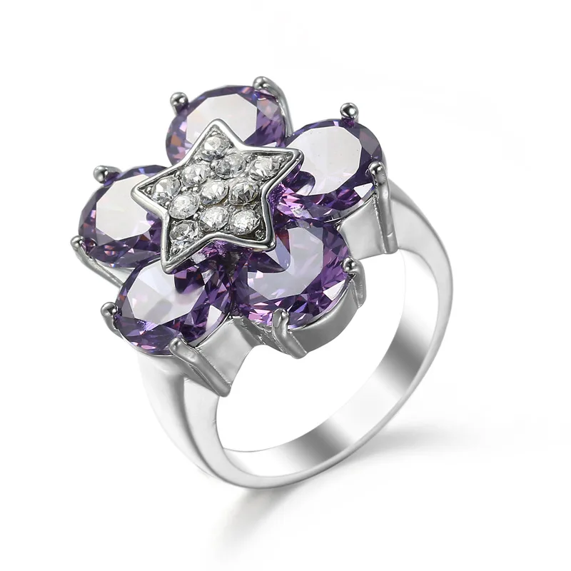 

New Top Quality Luxury Flower Shaped Forever Clear Shine Purple CZ Five-star Point Finger Rings for Women Wedding Jewelry Gift