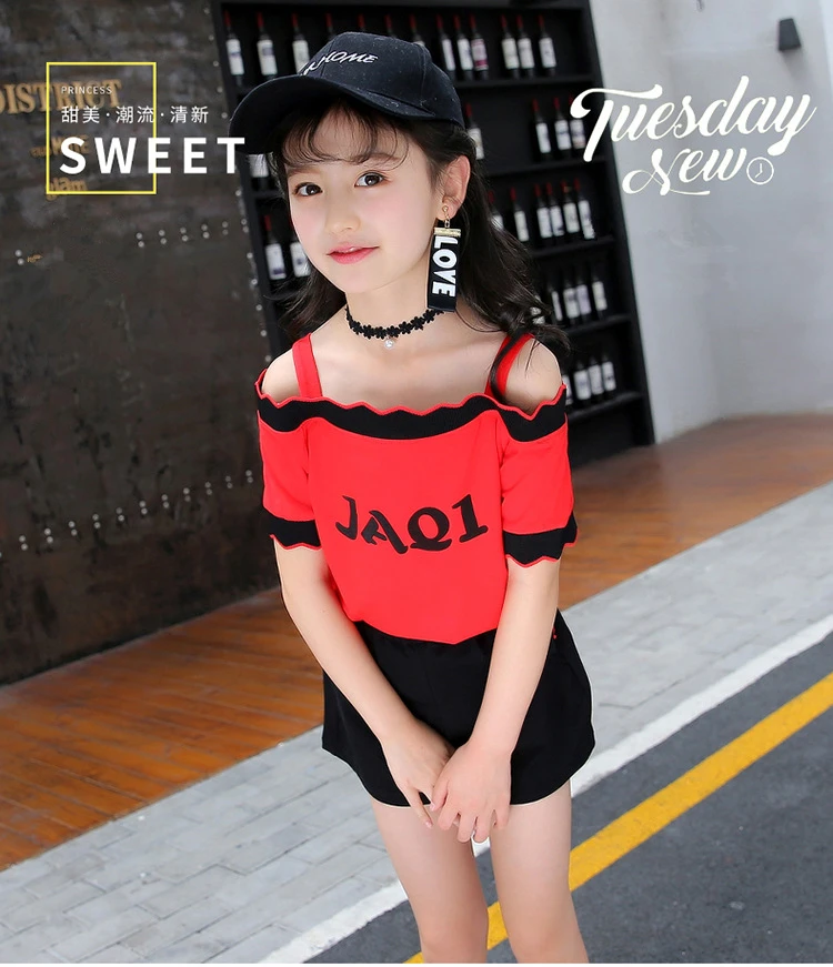 Cute Casual Teenage Clothes For Girls Clothing Sets 2019 Summer Children Shoulderless Letter Tshirt Tops Shorts 2Pcs Kids Suit (1)