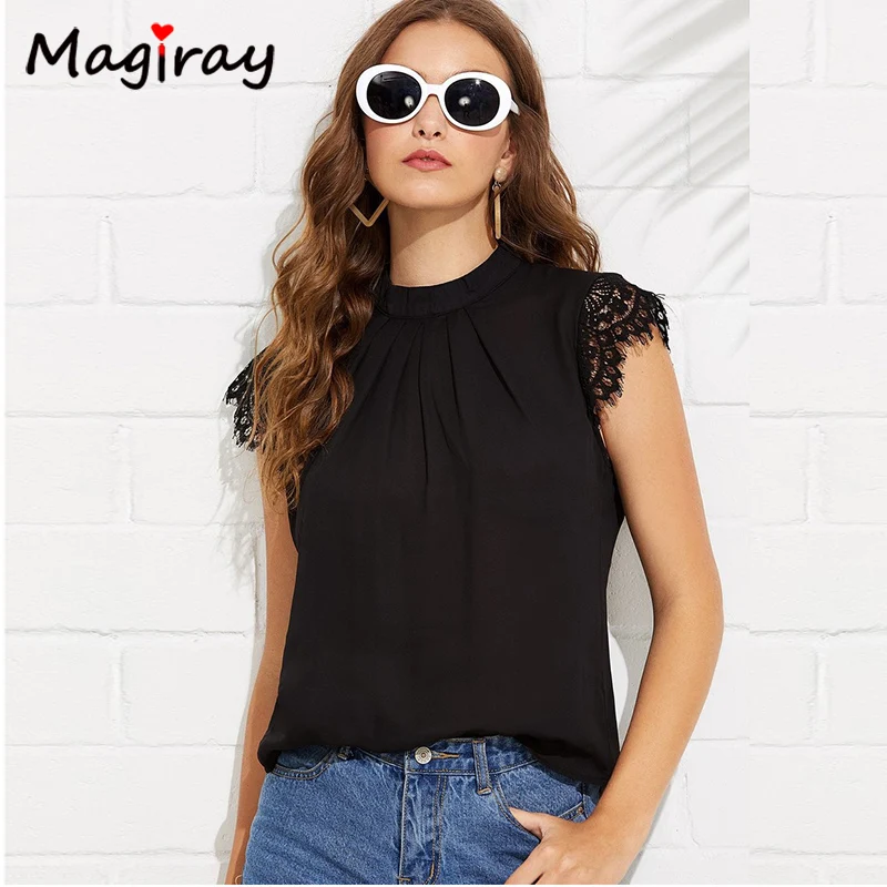Magriay الدانتيل قصيرة الأكمام مطوي بلوزة شيفون النساء 2019 الصيف ثقب المفتاح خمر الكورية أنيقة قميص الإناث مكتب أعلى C164